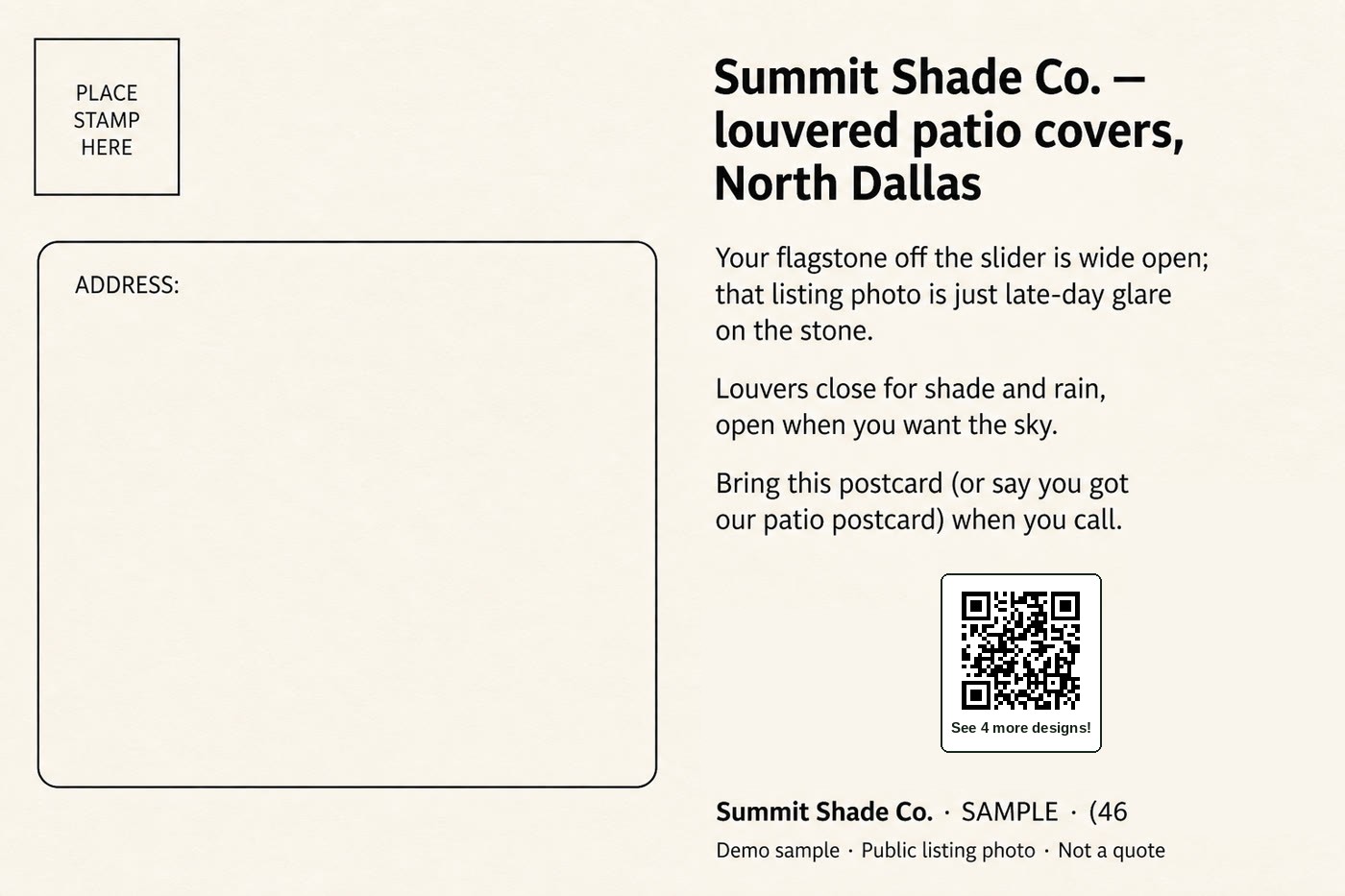 Denham sample postcard back
